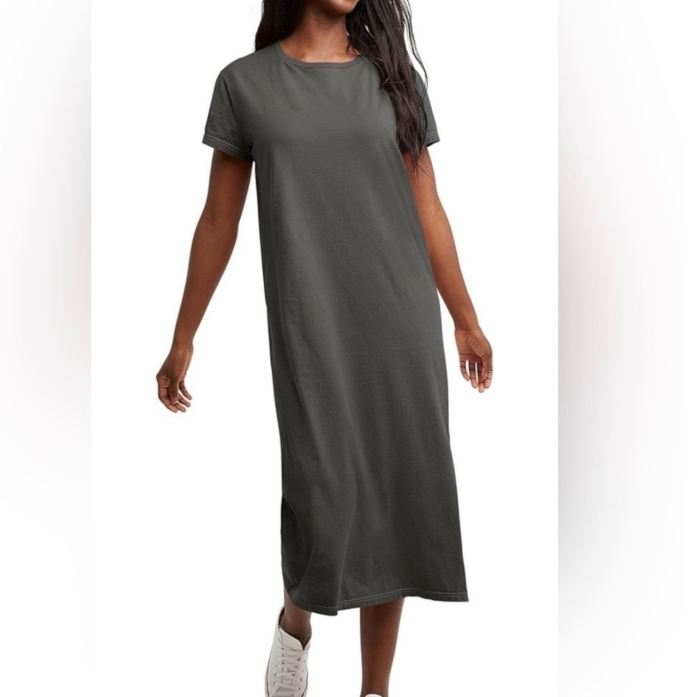 Hanes Women's Charcoal Gray Jersey Short Sleeve Midi T-Shirt Dress NWT